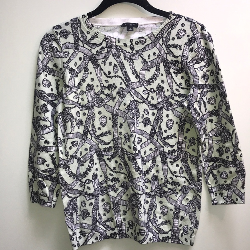 |Ann Taylor| Green Black Jeweled Print Sweater